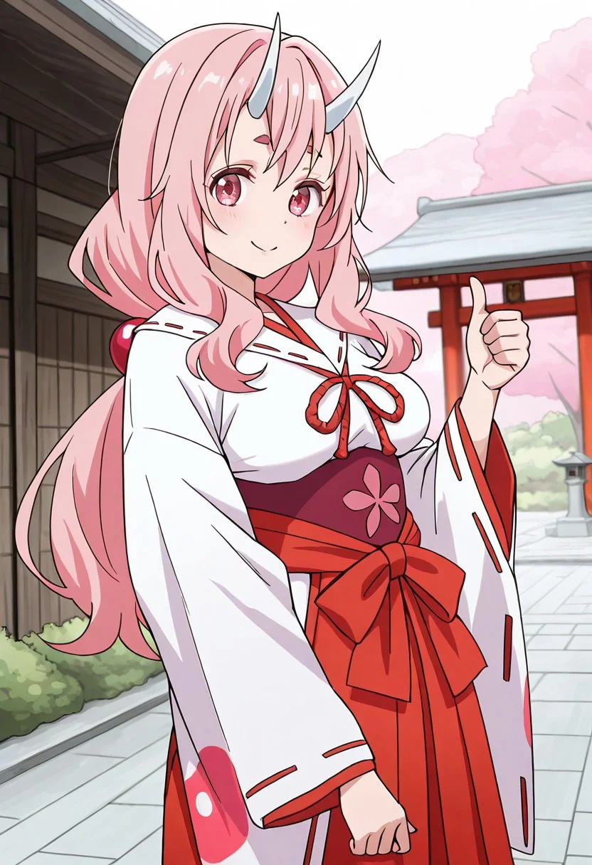 solo, woman, shuna, oni, long hair, pink hair, pink eyes, white horns, miko, white kimono, red ribbon, ribbon-trimmed sleeves, underbust, red hakama, thumbs up, outdoor, high quality, best quality, masterpiece, 4k resolution, anime