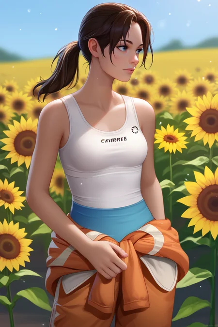 score_9, score_8_up, score_7_up, BREAK, <lora:liangxing-guy-PONYv1:1>, 1girl, solo, light particles, depth of field, breasts, <lora:portal_chell_ponyXL:0.95> chell, ponytail, white tank top, clothes around waist, orange jumpsuit, sunflower, flower field,