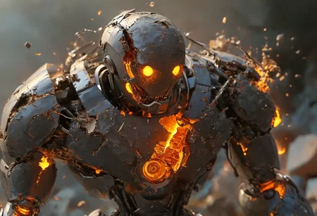 photo hyperrealism style, side view,bullet impact, slow motion shockwave, zdyna_pose,  (broken rotten rusty:1.7), side action view, (broken rotten rusty:1.7), robotic synthetic soldier, m41apls rifle, huge military bullet through the chest, projectile clearly visible passing through the torso, entering from one side and exiting explosively from the other, destroying everything in its path, back of the robot exploding as the projectile exits, thrown back by impact, torso caved in by the impact, imminent destruction, debris, dislocation, cracked magma, made from cracked molten deformed metal, cracked electricity, shrapnel, slow motion impact, shockwave deformation, last second before explosion of the robot, cracked inside fire, cracked warm metal, surprised expression, piles of destroyed robots in the background, epic, Fujichrome Provia 100F, F/8, RTX, photolab, high dynamic range, hyperrealistic, cinematic lighting, intricate details, vivid colors, dramatic scene, intense focus
 <lora:add-detail-xl:0.6> <lora:CrackedMagma:0.8> crackedmagma, made from cracked molten twisted metal, cracked electricity <lora:Armat_M41A_Pulse_Rifle_-_Aliens_SDXL:0.6> <lora:!action-sdxl-V0.5(1):0.7> <lora:detailed_notrigger:0.6> <lora:great_lighting:0.8> great lighting <lora:Hyperrealism style:0.5>