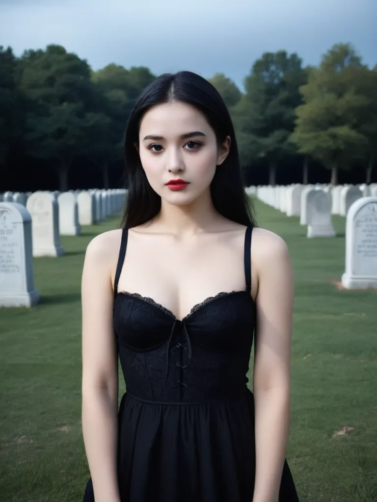 realistic,  
photo background,
A 20 years old gorgeous gothic egirl with long black hair and a dark revealing dress with big-small breasts, her cleavage is the center of attention, in a cemetery she is recording her next onlyfan post. The dark sky intensifies the dark mood and the only light comes from the moon, her eyes are filled with a haunting calm even tho she's half naked in a cemetery. light. (epic dark fantasy style).,