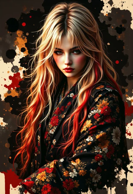 R3alisticF, midjourney_whisper_avant_couture, Inkplash art on rice paper, sepia, henna , inksketch, Silhouette Art, magnificent, dark background, inksplash portrait of stunning japanese woman, long platinum hair with red and blonde streaks, sidelocks, bangs, seductive, sultry, lustful, red lips, direct gaze, light hitting one side of face, inksplash abstract background