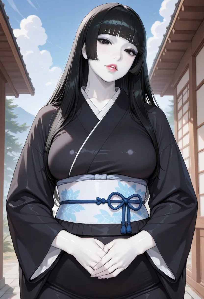 Mature woman, MILF, 1girl, sky, black hair, long hair, hime cut, masterpiece, black eyes, colored skin, (white skin:1.3), glossy skin, Yuki-Onna, parted lips, looking at viewer, black kimono, wide sleeves, obi, japanese clothes, medium breasts, wide hips, outdoors, hands held together on stomach, cloud, volumetric lighting, blue sky, portrait, upper body,