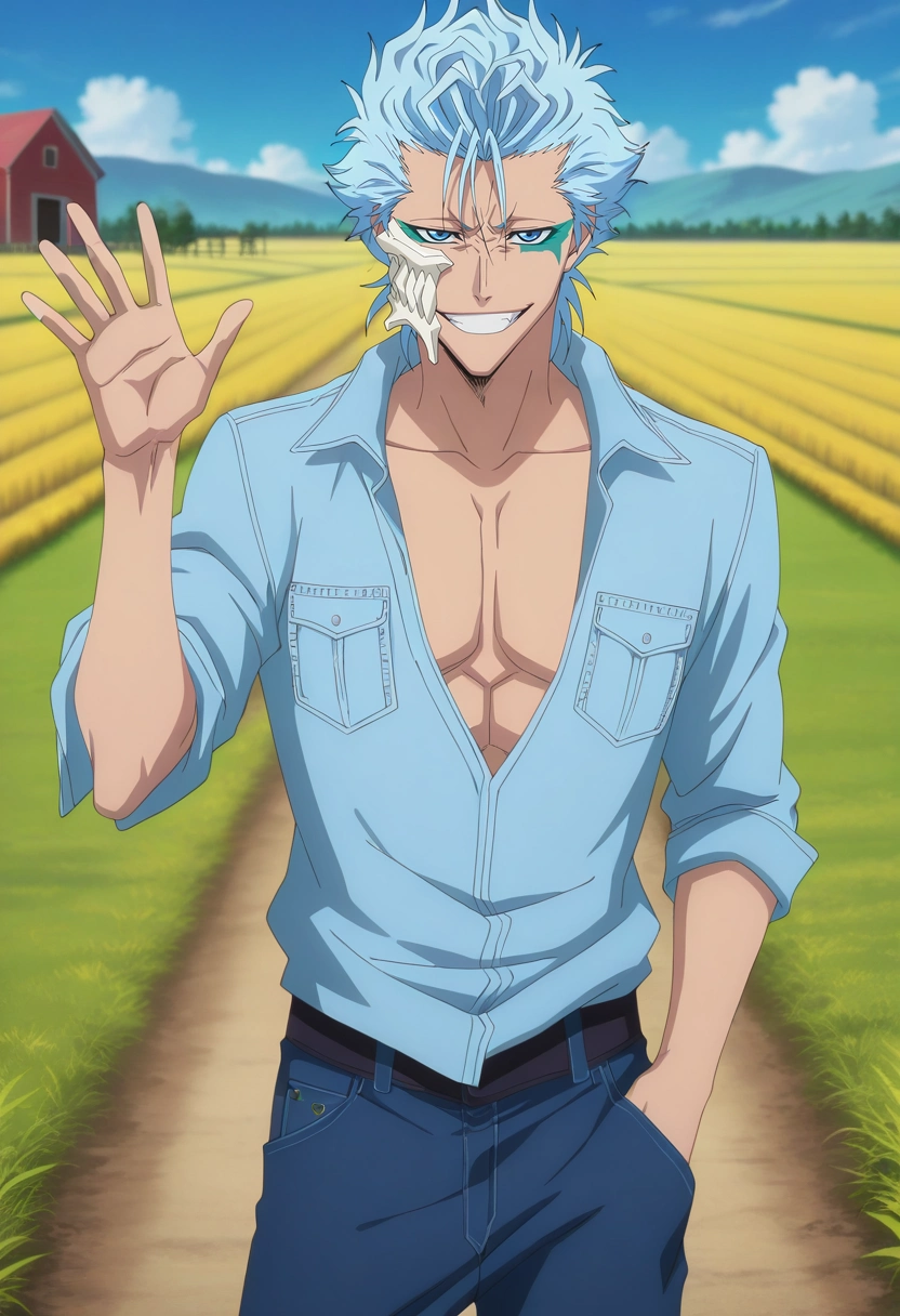 masterpiece, best quality, intricate details, anime screencap, , official style, , depth of field, 1boy, solo, male focus, <lora:grimmjow_jaegerjaquez_ilxl:1>, grimmjow_jaegerjaquez, blue hair, blue eyes, facial mark, arrancar, mask, short hair, panorama, farm, plantation, day, waving, naughty smile, denim shirt,