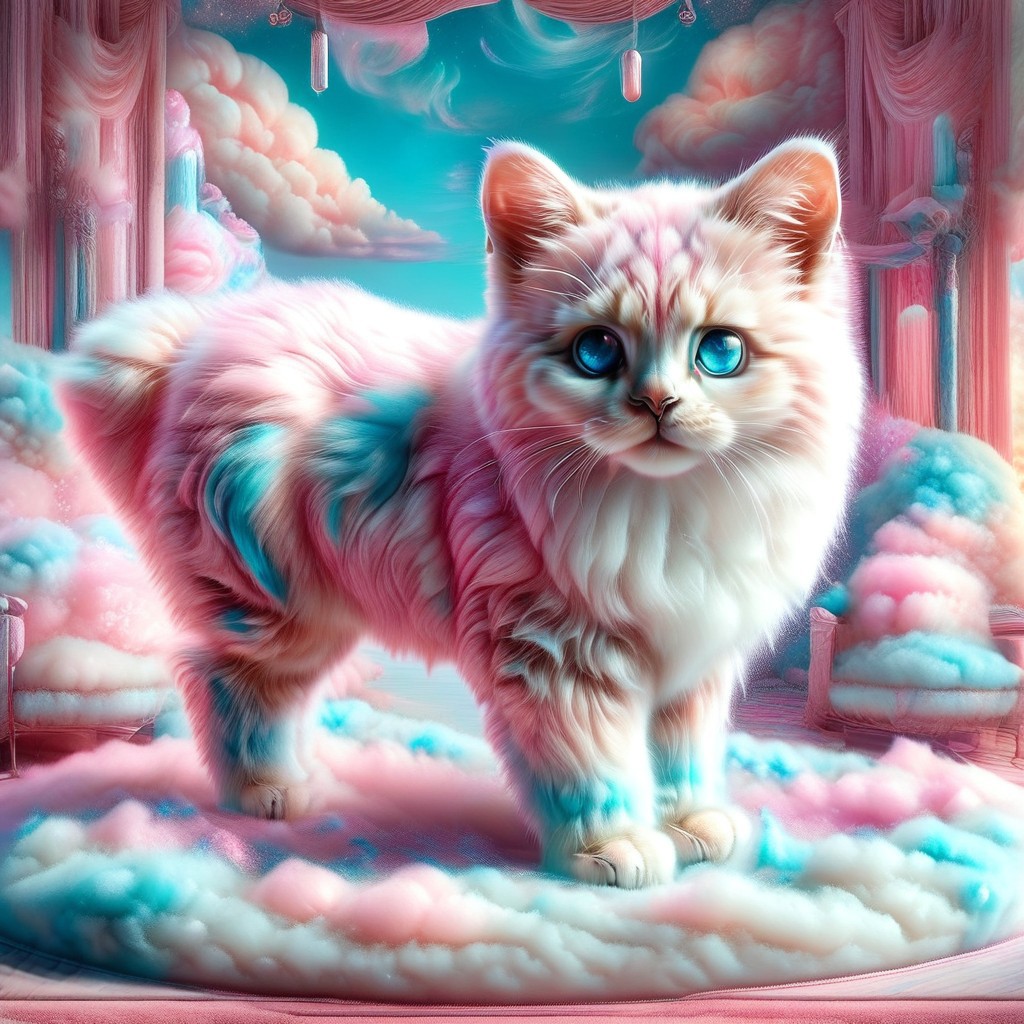 A majestic Bengal cat with a marble-patterned coat, but its fur is wildly long, thick, and fluffy like a Wookiee from Star Wars. The cat stands proudly on a rockbeeside an river clear as  shiny, its furmade of cottoncandy  blowing gently in the breeze. The marble pattern glimmers subtly beneath the thick strands. The cat's blue/pink eyes glow Hyperrealistic, fantasy creature, surreal texture fusion, dramatic side lighting, ultra-detailed fur rendering, cinematic mood, inspired by wildlife photography and creature design. Epic cottoncandy Jed-mrbl