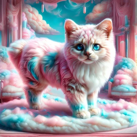 A majestic Bengal cat with a marble-patterned coat, but its fur is wildly long, thick, and fluffy like a Wookiee from Star Wars. The cat stands proudly on a rockbeeside an river clear as shiny, its furmade of cottoncandy blowing gently in the breeze. The marble pattern glimmers subtly beneath the thick strands. The cat's blue/pink eyes glow Hyperrealistic, fantasy creature, surreal texture fusion, dramatic side lighting, ultra-detailed fur rendering, cinematic mood, inspired by wildlife photography and creature design. Epic cottoncandy Jed-mrbl