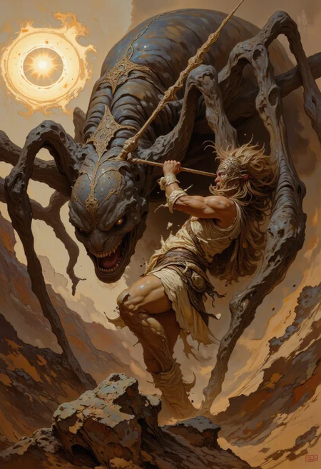score_9, score_8_up, score_7_up, 8k high quality digital painting, masterpiece, very detailed, ultra realistic, (best quality) very detailed epic masterpiece, boris vallejo style, frank frazetta style, realistic oil painting, retro artstyle, full body, side view, backlight, we see a primeval muscular cave-man in fur clothing fighting a big spider-like monster, sundown, the setting sun casts long shadows, backlight, action movement, screamingfairytale-like, realistic detailed oil painting style Rembrandt style, Vermeer style, heroic fantasy, realistic, realism, full body
