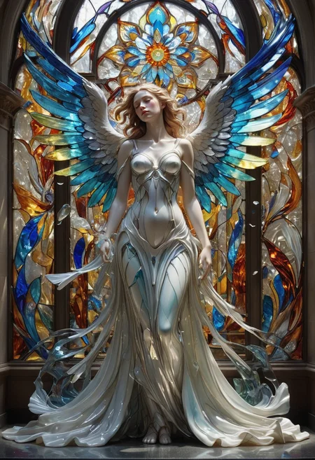made out of,colorful,liquid,Murano Art glass,
 angel,
Within a grand cathedral of glass, where opalescent windows cast kaleidoscopic patterns of light and shadow, a fallen angel mourns. Her wings, once vibrant with stained glass plumage, are now fractured and dimmed, reflecting the storm raging outside. Rain lashes against the windows, mirroring the turmoil in her heart. She clutches a shattered mirror, a symbol of her lost grace, a single tear of molten glass tracing a path down her cheek