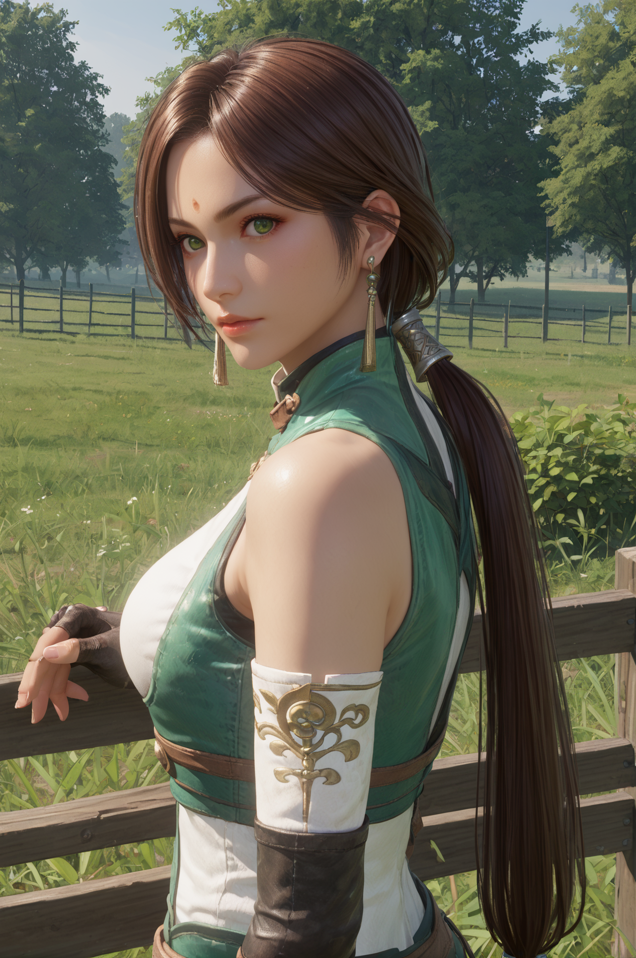 score_9, score_8_up, score_7_up, half body shot, Leaning on an invisible fence, <lora:Yueying_Dynasty_Warriors:0.7> 1girl, solo, green eyes, brown hair, long hair, ponytail, earrings, jewelry, fingerless gloves, looking at viewer, outdoors