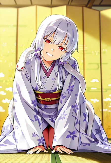 Smooth Quality - Illustrious, sfw,
anime, illustration, nadeko, red eyes,long hair,white hair,snake hair,albino,
<lora:NSFWFilter_illusXL_Incrs_v1:-1>
<lora:Snake_on_Shoulders:0.8> sn4k3, snake on shoulders, large snake, white snake,
1girl, solo,
japanese clothes, white kimono, furisode, floral print,
looking at viewer, head tilt, beautiful smile, grin,
golden folding screen, zabuton, tatami,