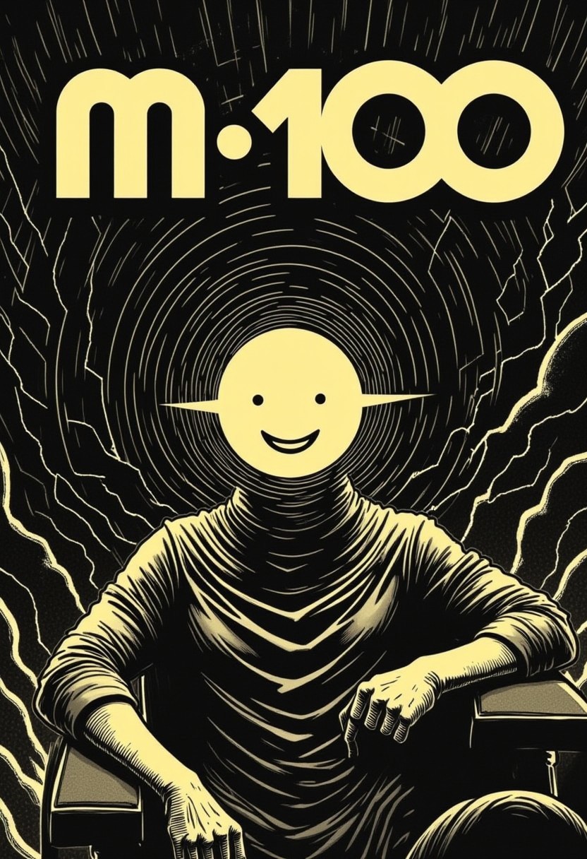 m100-style, magician with planet head, sitting in Office chair, wearing Shirt with Smiley icon, monochrome with bleaked beige and dark-olive black color, billowing vibrant white Aura, Showing the Bold Text/title "m100" with Motion lines,