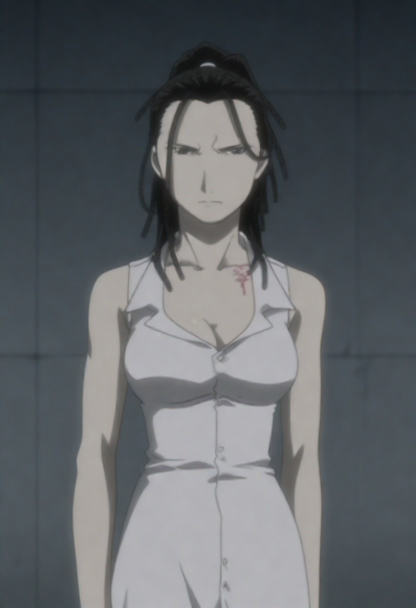 masterpiece, best quality, amazing quality,,, shiny skin,,,,, black hair,long hair,dreadlocks,ponytail,black eyes,tattoo,,anime coloring, sleeveless,dress,cleavage,<lora:Izumi_Curtis-Fullmetal_Alchemist_2003:0.8>