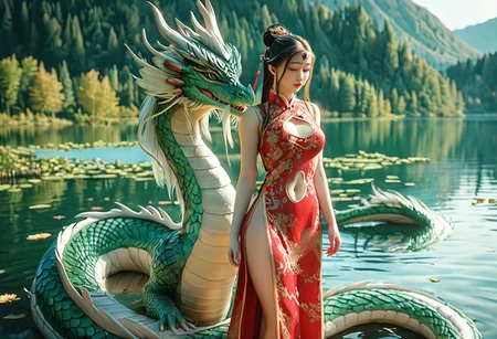 8k,highres,absurdres,masterpiece,best quality, girl, red cheongsam with navel cutout, circlet, stands gracefully beside a majestic dragon by a tranquil lake