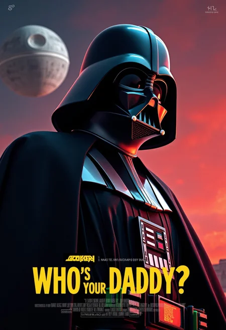 Scifi movie poster of Darth Vader looking down to viewer in a dominant pose. Death Star in the background. Title says "Who’s your daddy?" in yellow font. Generic movie poster text in the bottom.
