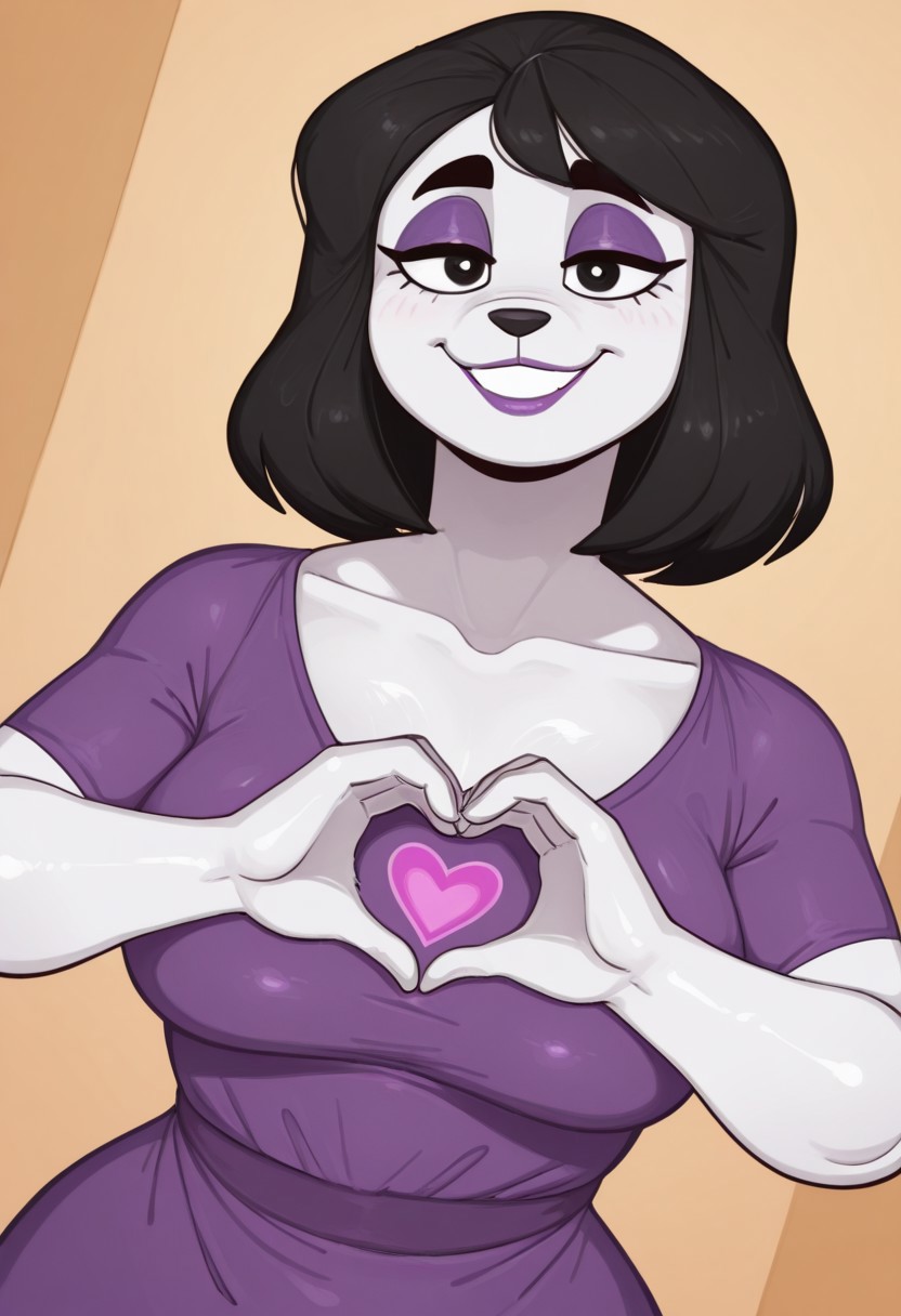 breadcatta,  1girl, solo, medium build, medium hair, sfw, safe for work, covered skin, flowy dress,  black eyes, purple lipgloss, smiling, portrait, upper body, heart hands, mature female, foreshortening, detailed, newest, shiny skin, cowboy angle, solo focus, medium breasts, furry female, anthro
,