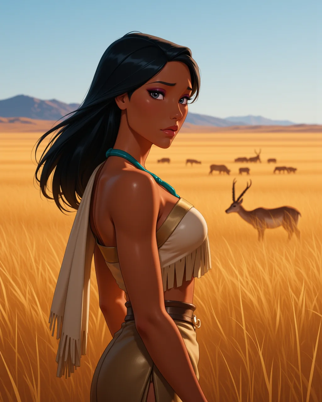 close-up, looking at viewer, outdoors daylight, Sad with downcast eyes, lips slightly quivering, and a distant gaze filled with sorrow.
A woman stands at the edge of a vast savannah, watching the golden grass sway in the wind, as a herd of antelope grazes peacefully in the distance. in a dynamic pose
<lora:Disney_-_Pocahontas_v2-000030:1> d-pocahontas a 20 year old adult woman with black eyes, black hair and dark skin. In her iconic outfit