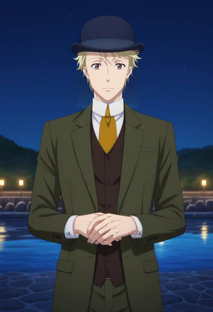 masterpiece, best quality, , anime screencap, anime coloring, official style, looking at viewer, 1boy, solo, male focus, <lora:john_h_watson_ilxl:0.9>, john_h_watson, blonde hair, brown eyes, short hair, hat, formal, necktie, suit, luminous beach, glowing sands, crystal waves, moonlit tide pools, strolling pose, dreamy expression, night, crewneck,