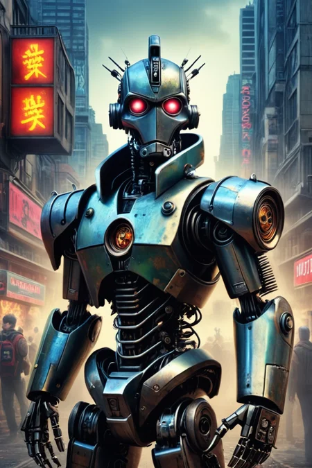 RAW photo of a madpunk custom/characters/fantasy at City of robots amid electromagnetic pulses, super detail, ultra-realism, <lora:xl_more_art-full_v1:0.3>, <lora:madpunk:0.7>