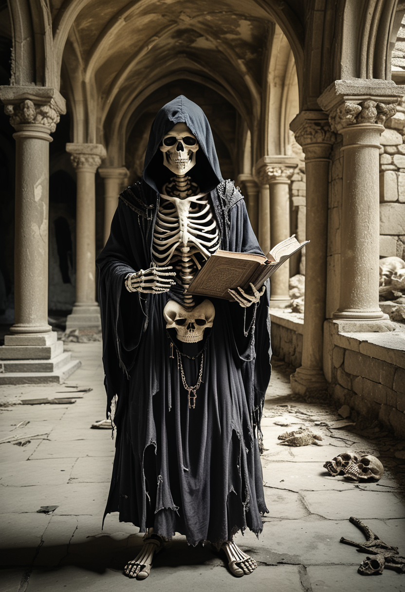 (medium full shot) of (eerie skeleton)  mage, wearing Hooded robe, bone staff, skull necklace, tattered sandals, skeletal bracelets, holding wielding ancient tome, set in the cursed lands, in  a desolate skeletal castle, surrounded by a moat, its once grand halls now silent, offering a glimpse into a bygone era ,  ,Masterpiece,best quality, raw photo, realistic, very aesthetic