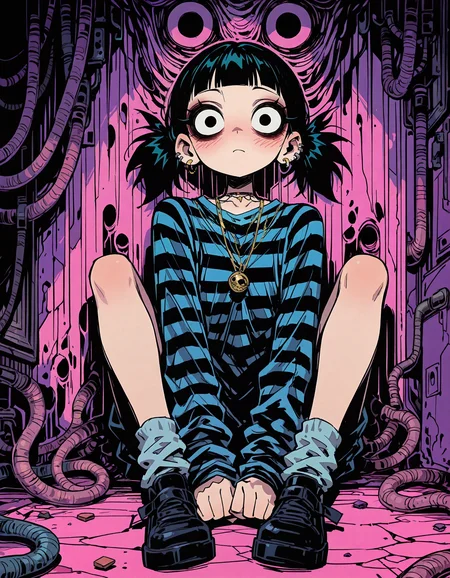 masterpiece, newest, incredibly absurdres, highres, <lora:3Y3S_style:1>,3Y3S_illu,toon \(style\),1girl, solo, twintails, jewelry, looking at viewer, striped, earrings, shirt, black hair, long sleeves, bangs, closed mouth, striped shirt, sitting, blush, black footwear, socks, blunt bangs, necklace, shoes,horror \(theme\),