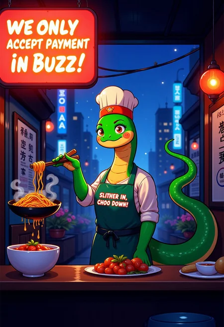 furry art, photorealistic digital art, Stationary Background, aidmatextimprover
Snake noodle bar in a neon-lit cyberpunk alley. A (((naga chef))) with green and yellow scales wears a tall chef's hat and ((a apron emblazoned with the slogan, "Slither In, Chow Down!")) He uses its tail to expertly toss noodles in a hovering wok. The chef stands behind a sleek, minimal counter with a simple glowing sign: "We only accept payment in Buzz!" Scene is lit by the neon glow of a single hologram menu above the counter. The bowls are subtly snake-shaped, and the warm steam rising from the food contrasts with the cool neon lights of the alley. In the background, faint city lights and towering buildings complete the atmosphere.