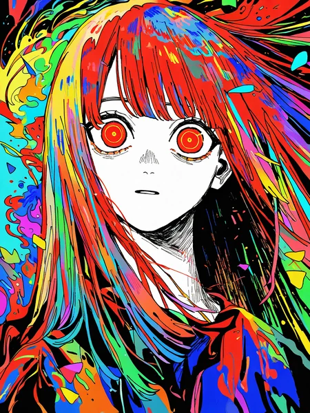 perfect composition, very awa, jaggy lines, limited palette, spot color, colorful, acid_trip, abstract background, limited palette, traditional media, dutch angle, foreshortening, face focus,
1girl, upper body, solo, multicolored hair, straight hair, red eyes, wide eyes, <lora:vivid:0.6>