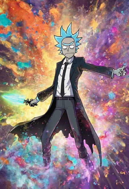 A highly detailed and vibrant action pose of an anime-inspired Rick Sanchez and Morty Smith of Rick and Morty, dressed in a tattered yet impressive suit and tie, with wings of black and white engraved with ancient runes and symbols, a halo, a horn, a weapon, and showcasing an energy or magical ability, with a color scheme of purple and orange.