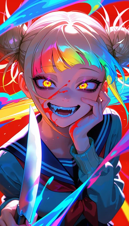 masterpiece, best quality, amazing quality, very aesthetic, absurdres, newest, scenery, 1girl, toga himiko, teeth, open mouth, blood on face, smile, double bun, crazy eyes, holding knife, hand on own cheek, upper body, school uniform, red background, backlighting, from above, dutch angle, , close-up, photorealistic, dutch angle, (colorful), from above, , masterpiece, best quality, amazing quality, very aesthetic, absurdres, newest, scenery, volumetric lighting