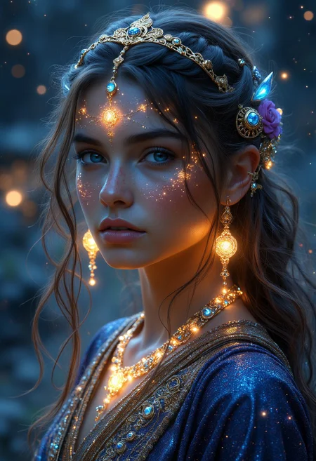 Gorgeous Galactic, A hyper-realistic portrait of a galactic female with glowing skin that shimmers with the colors of the cosmos, adorned with intricate golden ornaments and celestial jewelry. Her body is marked with luminescent runes that pulse faintly, creating a mystical aura. She wears a flowing, iridescent robe made of stardust-like fabric, and her hair cascades like a nebula, swirling with vibrant colors. The background features distant galaxies and stars, with soft beams of light illuminating her divine form. The image is framed with a cinematic close-up to capture the intricate details of her ornaments and glowing runes.