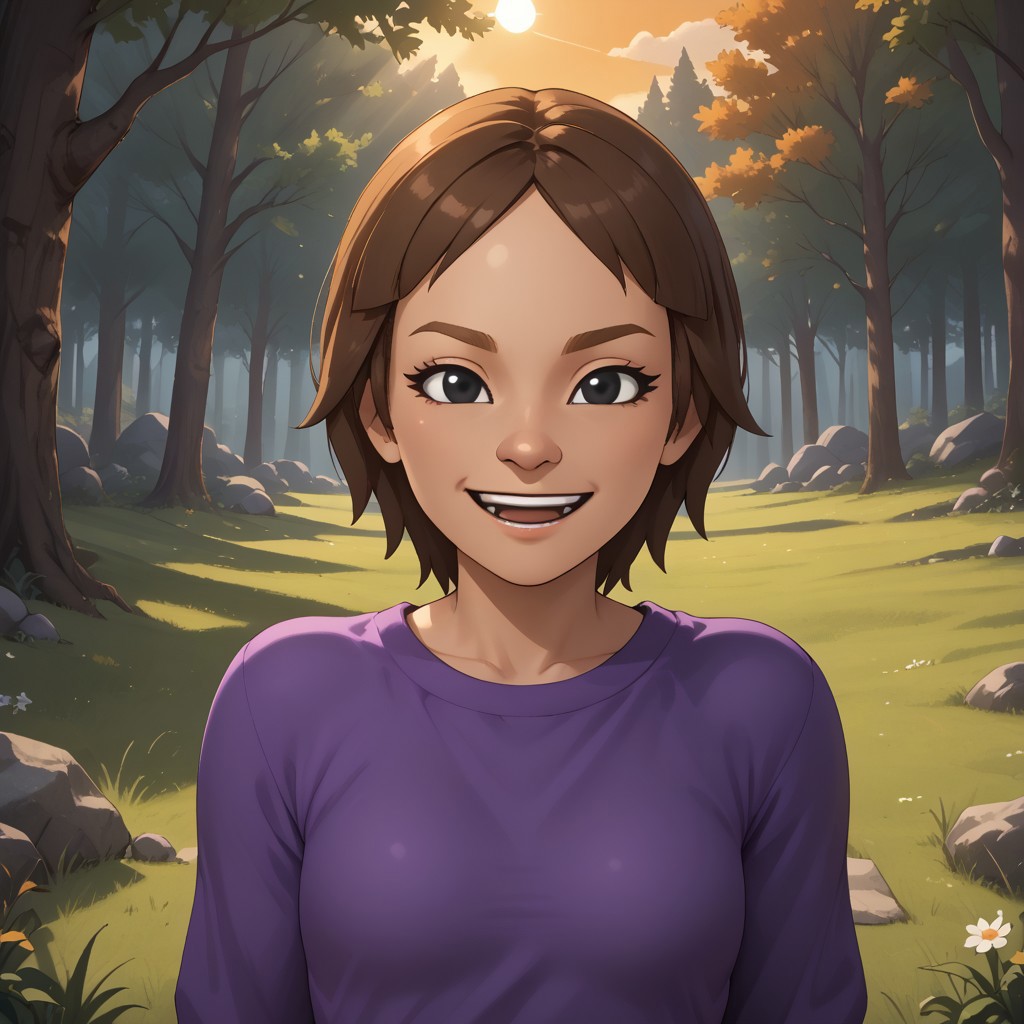 score_9, score_8, BREAK, solo, wii, mii, wii fit, 1girl, female mii, brown hair, dark blonde eyebrows, black eyes, half circle nose, open mouth, teeth, purple clothing, white pants, barefoot, cute, Maeda_(\Wii_Fit\), small breasts, Nintendo Mii, modern_mii, classic_mii, sexy pose, self portrait, smile, outdoors, sunlight, shadows, evening lighting, natural lighting, forest, trees, grass, orange sky, sunset
