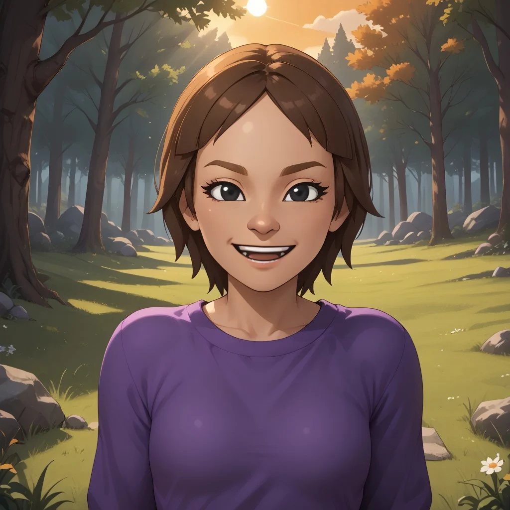 score_9, score_8, BREAK, solo, wii, mii, wii fit, 1girl, female mii, brown hair, dark blonde eyebrows, black eyes, half circle nose, open mouth, teeth, purple clothing, white pants, barefoot, cute, Maeda_(\Wii_Fit\), small breasts, Nintendo Mii, modern_mii, classic_mii, sexy pose, self portrait, smile, outdoors, sunlight, shadows, evening lighting, natural lighting, forest, trees, grass, orange sky, sunset