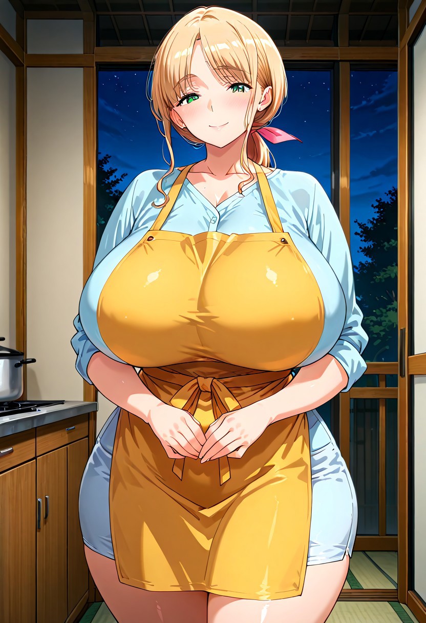 Best quality,masterpiece,soft light,official art,masterpiece,high quality,highres,absurdres,epic scene,natural textures,highest quality, detailed,perfect_eyes,
 from front,outdoor,standing, smile,night,
Ayako kawai,blonde hair, green eyes, huge breasts, mature body, milf,big ass, ponytail,straight-on, shirt,skirt,apron,