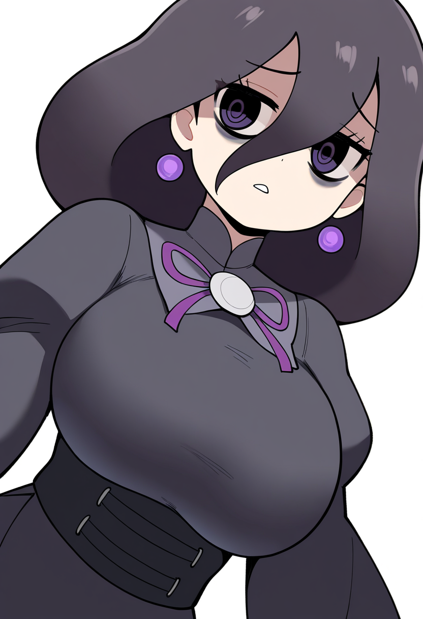 masterpiece, best quality, very aesthetic, absurdres,
1girl, hexza, black eyes, black hair, long hair, hair between eyes, purple eyes, bags under eyes,
ribbon, black dress, earrings, large breasts,  long sleeves,
upper body,
looking at viewer, solo, (simple background, white background:1.3),    <lora:HexManiacZANoobXL_byKonan:1>