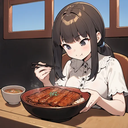 best quality, hires, 
1girl, (black:1.1) hair, ponytail, long hair, long bangs, blunt bangs, black eyes, (white blouse:1.1), looking down, smile, sitting on chair,eating, holding chopsticks, holding bowl.
unajyu on table,miso soup on table,window, blue sky,japan style restaurant, black wall, <lora:Unajyu:0.7>