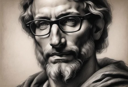 (masterpiece),
Black and white Renaissance drawing of a mid-age man, short beard, large glasses,
Black and white tones,
HDR, highly detailed, 32k,
looking at viewer, Style-Renaissance