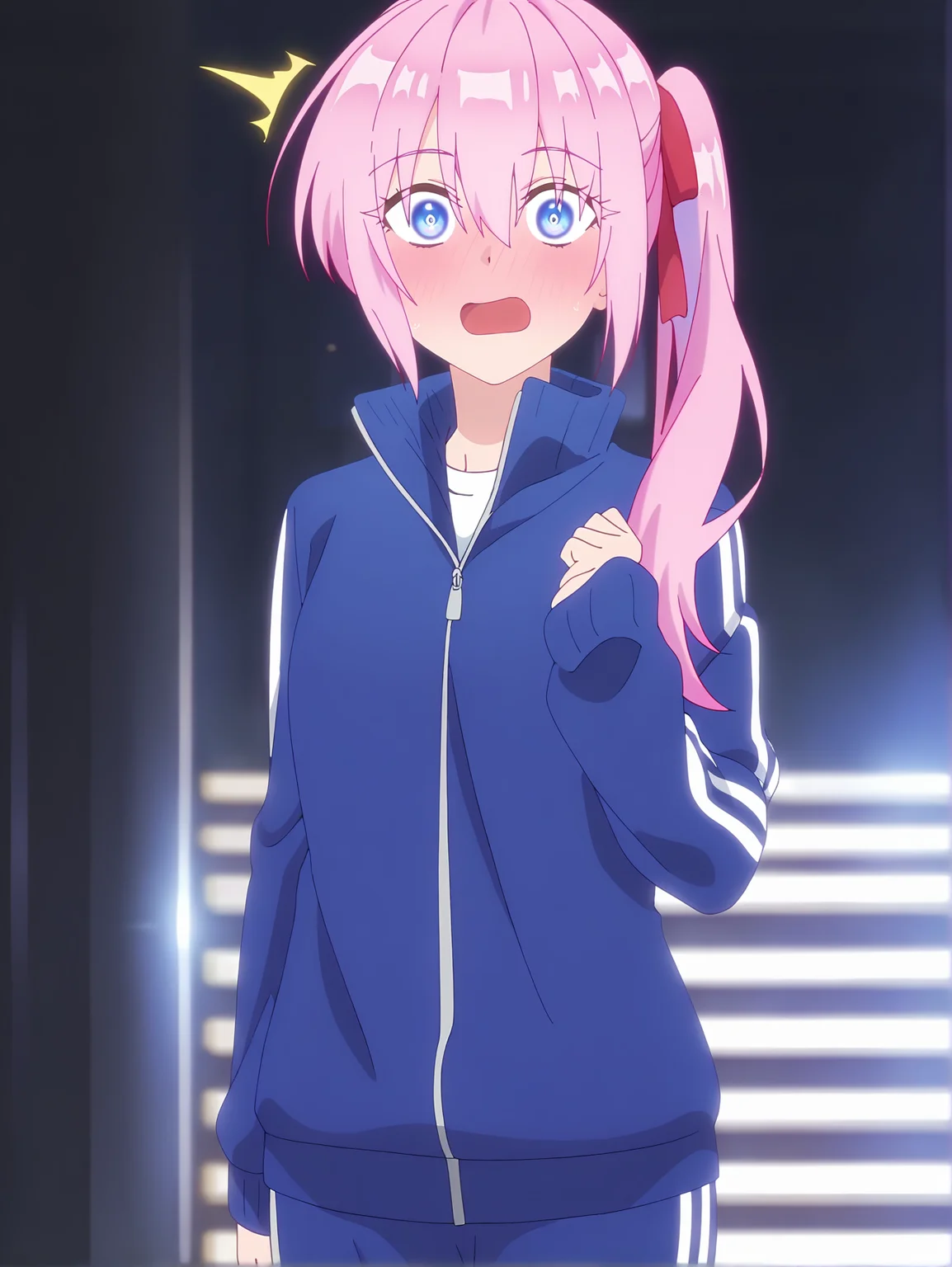 <lora:Shikimori_Character:1>(cowboy shot:1.2), (shikimori:1.2), 1girl, solo, pink hair, blue eyes, side ponytail, blue tracksuit, white stripes, red ribbon, long hair, blushing, surprised, hair between eyes, bangs, looking at viewer, standing still, (cinematic lighting:1.1)