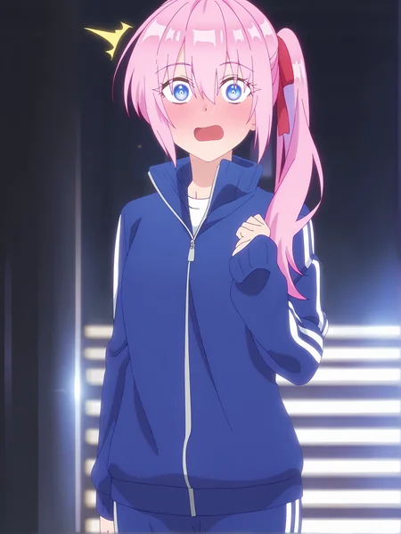 <lora:Shikimori_Character:1>(cowboy shot:1.2), (shikimori:1.2), 1girl, solo, pink hair, blue eyes, side ponytail, blue tracksuit, white stripes, red ribbon, long hair, blushing, surprised, hair between eyes, bangs, looking at viewer, standing still, (cinematic lighting:1.1)