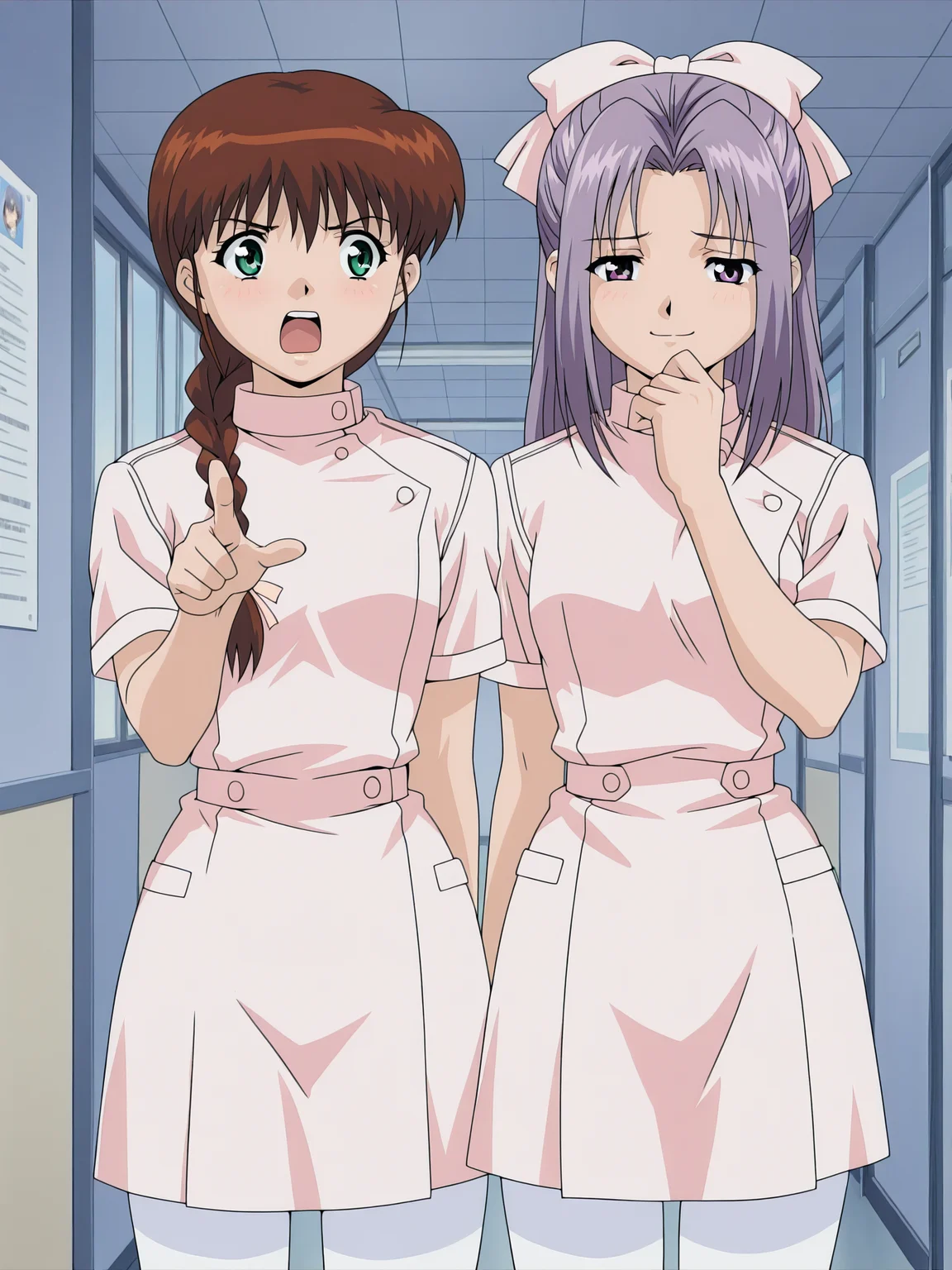 <lora:yakin-kaidan-illustrious-000004:0.9> 2girls, side-by-side, nurse, white pantyhose, cowboy shot, hallway, hospital, masterpiece, best quality
2girls, miyanoshita, shouting, pointing at another, braided ponytail
2girls, koigakubo, hair bow, smirk, smug, hand to own mouth