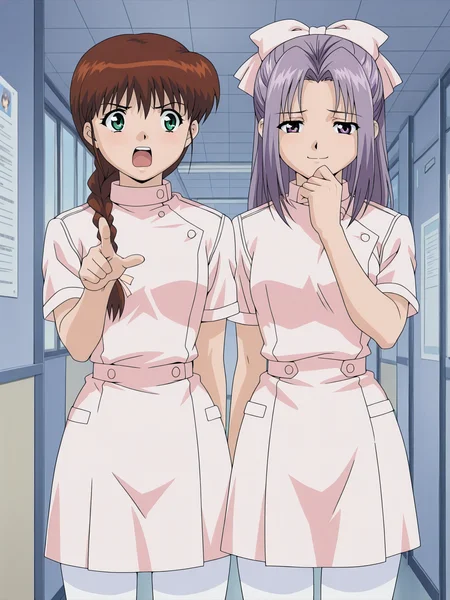 <lora:yakin-kaidan-illustrious-000004:0.9> 2girls, side-by-side, nurse, white pantyhose, cowboy shot, hallway, hospital, masterpiece, best quality
2girls, miyanoshita, shouting, pointing at another, braided ponytail
2girls, koigakubo, hair bow, smirk, smug, hand to own mouth
