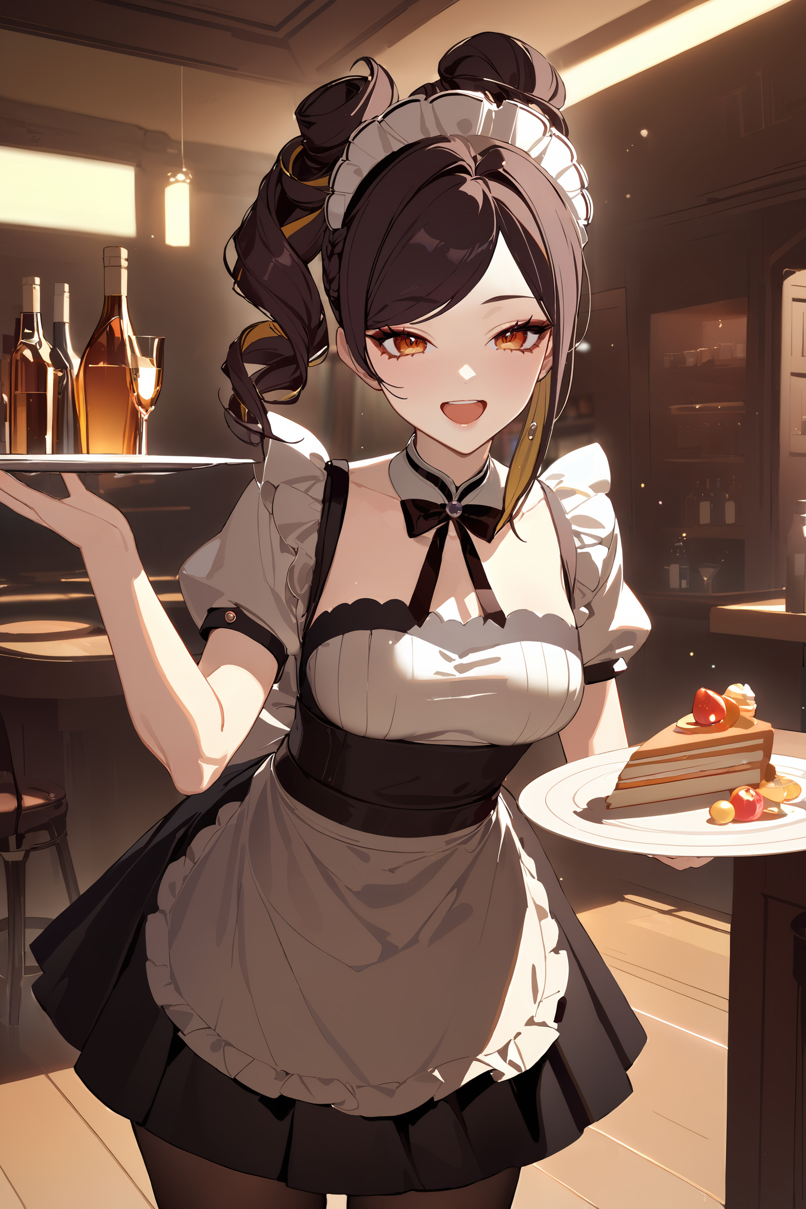 masterpiece, best quality, perfect features, intricate details, ray tracing, newest,(hitenkei, askzy:0.4), 1girl, chiori \(genshin impact\), solo, maid, maid headdress, maid apron, pantyhose, open mouth, laughing, holding plate, looking at viewer, cowboy shot, bar \(place\), indoors, depth of field <lora:Char-Genshin-Chiori-XL-V1:0.9>  <lora:EnvyBetterHiresFixXL01:0:hr=1>
