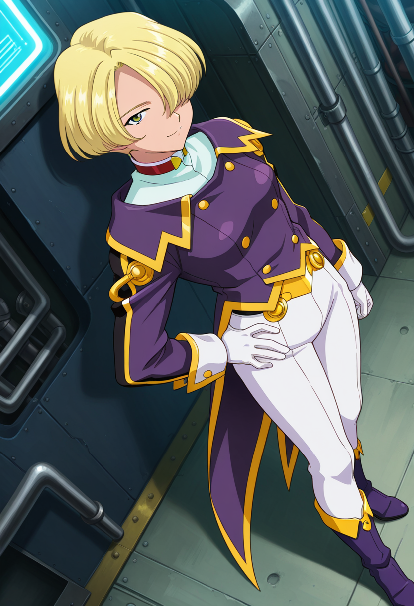 factory, sci-fi, indoor, steampunk environments, mist, futuristic,
light smile, hand on hip, looking at viewer,
full body, dynamic angle, 
BREAK,
<lora:tachibanamaria_illustriousXL_v01:0.95>
mariauni, blonde hair, hair over eye, short hair, 
collar, buttons, coattails, collared jacket, double vertical stripe, mandarin collar, white pants, long sleeves, white gloves,  purple jacket, gold trim,
tight pants, white pants, purple footwear, purple boots,, source_anime, very aesthetic, anime coloring, masterpiece, 
best quality, amazing quality, ultra detailed, very aesthetic, 
detailed background, 
BREAK,