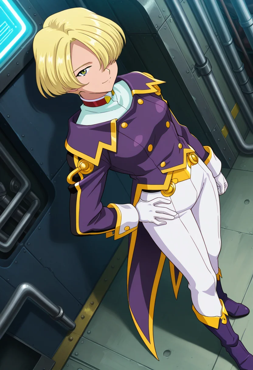 factory, sci-fi, indoor, steampunk environments, mist, futuristic,
light smile, hand on hip, looking at viewer,
full body, dynamic angle,
BREAK,
<lora:tachibanamaria_illustriousXL_v01:0.95>
mariauni, blonde hair, hair over eye, short hair,
collar, buttons, coattails, collared jacket, double vertical stripe, mandarin collar, white pants, long sleeves, white gloves, purple jacket, gold trim,
tight pants, white pants, purple footwear, purple boots,, source_anime, very aesthetic, anime coloring, masterpiece,
best quality, amazing quality, ultra detailed, very aesthetic,
detailed background,
BREAK,
