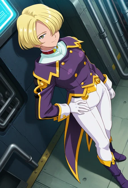 factory, sci-fi, indoor, steampunk environments, mist, futuristic,
light smile, hand on hip, looking at viewer,
full body, dynamic angle,
BREAK,
<lora:tachibanamaria_illustriousXL_v01:0.95>
mariauni, blonde hair, hair over eye, short hair,
collar, buttons, coattails, collared jacket, double vertical stripe, mandarin collar, white pants, long sleeves, white gloves, purple jacket, gold trim,
tight pants, white pants, purple footwear, purple boots,, source_anime, very aesthetic, anime coloring, masterpiece,
best quality, amazing quality, ultra detailed, very aesthetic,
detailed background,
BREAK,