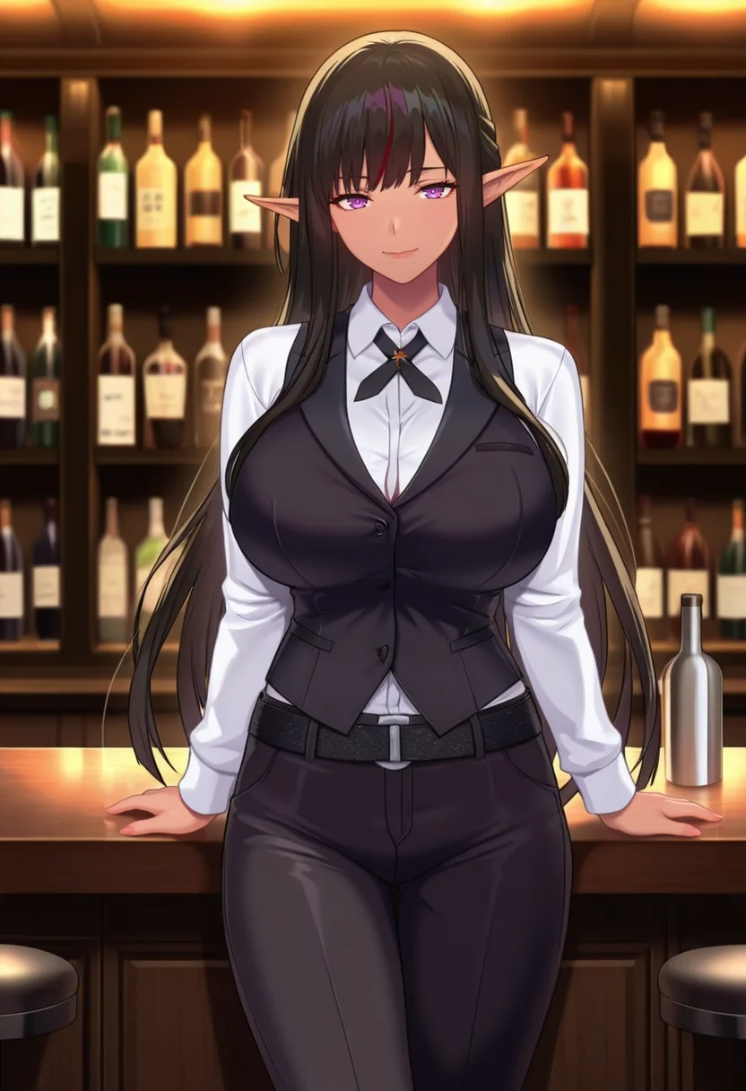 masterpiece, best quality, amazing quality,therese el frey, purple eyes, black hair, dark-skinned female, mature female,bangs,sidelock,pointy ears, long hair, 1girl, breasts, solo,large breasts,closed mouth, light smile, black vest, collared shirt, white shirt,black cross tie, long sleeves, black belt, black pants, cowboy shot, standing, looking at viewer, indoors, bar \(place\), bartender, night, blurry background<lora:therese el freyV1:0.8>