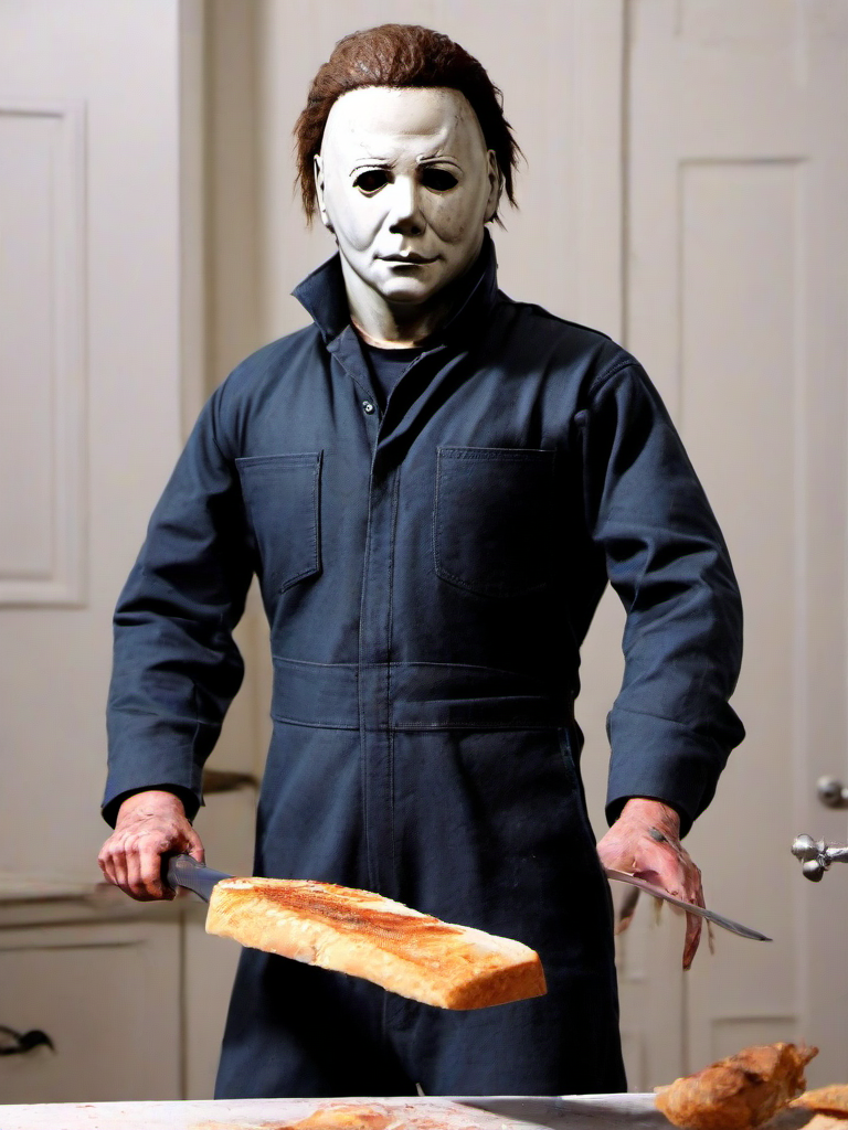 Masterpice,High Quality,
 <lora:PE_Michael Myers:0.8> PEMichaelMyers,
slicing bread with a knife,