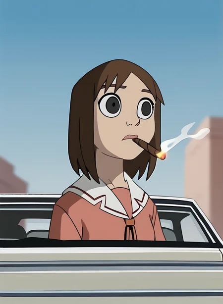 Score_9, score_8_up, score_7_up, score_6_up, SpecStyle, <lora:SpecPony:1.1>, wide shot, animated <lora:Kasuga_Ayumu__Osaka_Azumanga_Daioh:1> kasuga ayumu, dark brown hair, derp eyes, serafuku, 1girl, solo, smoking cigar in hand, blue sky, blurry background, car window, blurry, parody, black eyes, 1girl, solo, outdoors, day, in car, in driver's seat, female focus, driving