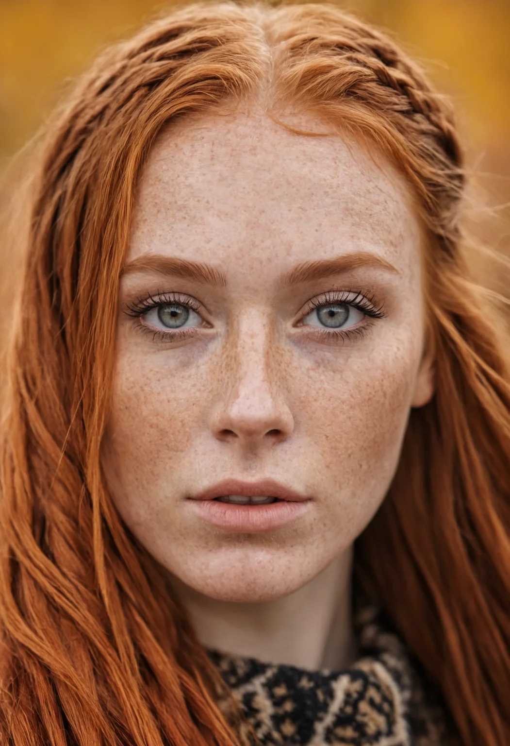 8k, photorealistic, dof, colourful, stunning redhead, fall colors, (detailed_face:1.2), long_hair, braids, freckles, (makeup eyeliner lipstick:0.8), bright_detailed_eyes, eye level, portrait, soft light,