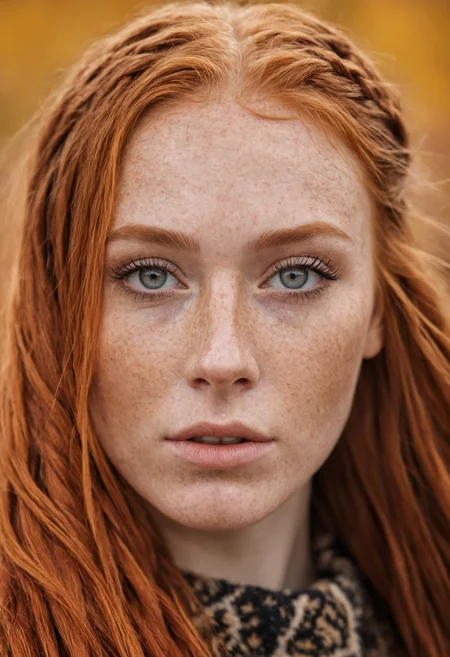 8k, photorealistic, dof, colourful, stunning redhead, fall colors, (detailed_face:1.2), long_hair, braids, freckles, (makeup eyeliner lipstick:0.8), bright_detailed_eyes, eye level, portrait, soft light,
