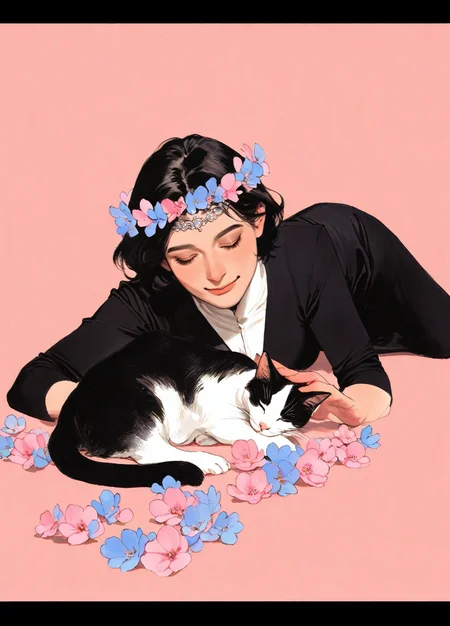 traditional media,
masterpiece, best quality, amazing quality, highres, absurdres, very aesthetic, realistic,
BREAK, 3l3ganc3, semi-realism,1girl, solo,
looking at viewer, painterly,
1girl smiling,cute, dark hair, short hair, tiara, laying down next to cat, petting, black modern dress, tight dress, short dress, medium breasts,
masterpiece, best quality, good quality, very awa, very aesthetic, absurdres, newest, ink (medium), solo, simple background, closed mouth, closed eyes, flower, animal, red pink background, cat, letterboxed, facing viewer, blue flower, pink flowers,white flowers animal focus, head wreath, whiskers, black cat, flower wreath, pastel colors, dark purple simple background, modern setting, <lora:Purple_Grace_v1:0.9>