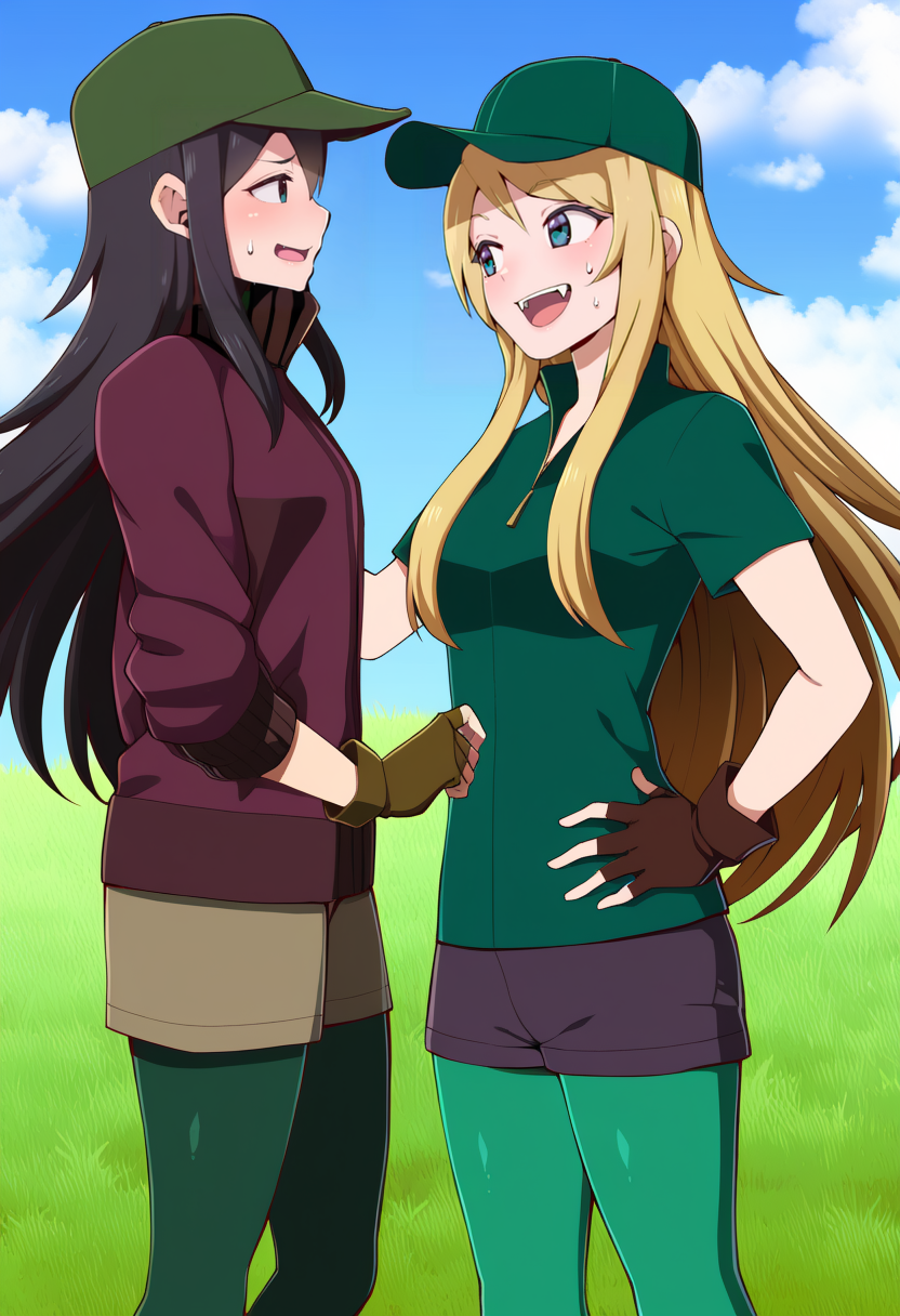 masterpiece, best quality, 1girl, 
fangs, standing, gloves, cloud, blonde hair, green legwear, outdoors, looking at another, brown eyes, hand on own hip, blue eyes, open mouth, grass, long hair, fingerless gloves, day, :d, facing another, eye contact, smile, shorts, closed eyes, blue sky, sky, hat, green headwear, pantyhose, brown gloves, sweatdrop, black hair, sidelocks, very long hair, baseball cap, brown hair, black eyes, green eyes
 <lora:fujimaru (bluebrand):1>