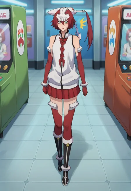 score_9,score_8_up,score_7_up,score_6_up,score_5_up,score_4_up,anime coloring BREAK source_anime,anime,<lora:Yin__Yang_BLEACH_Pony:0.7>,1girl,solo,yang,red hair,hair between eyes,hair ornament,green eyes,red eyeliner,red lipstick,yang off shoulder,red elbow gloves,red skirt,red thighhighs,black boots,(surprise:1.2),walking,indoors,arcade,game booth,